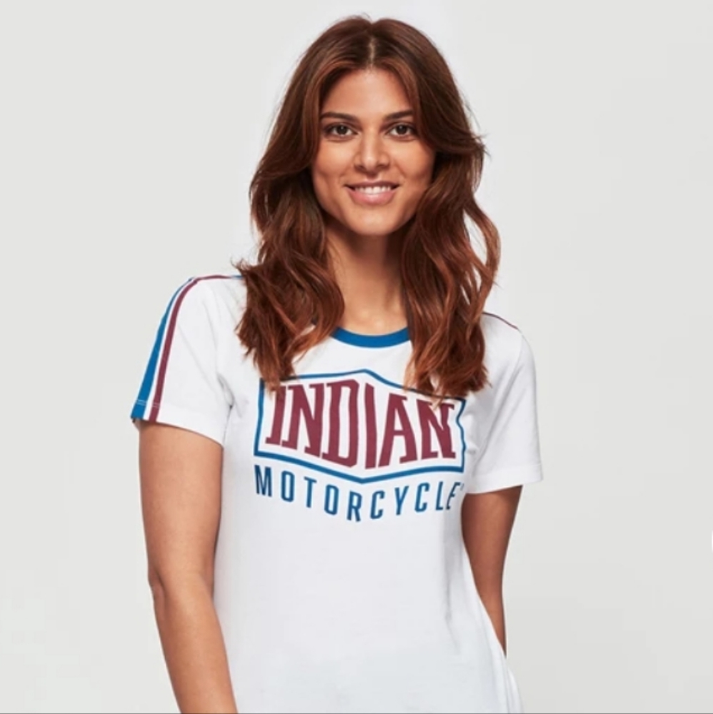 Indian Motorcycle Women's Striped Sleeve Tee Large Red White Blue